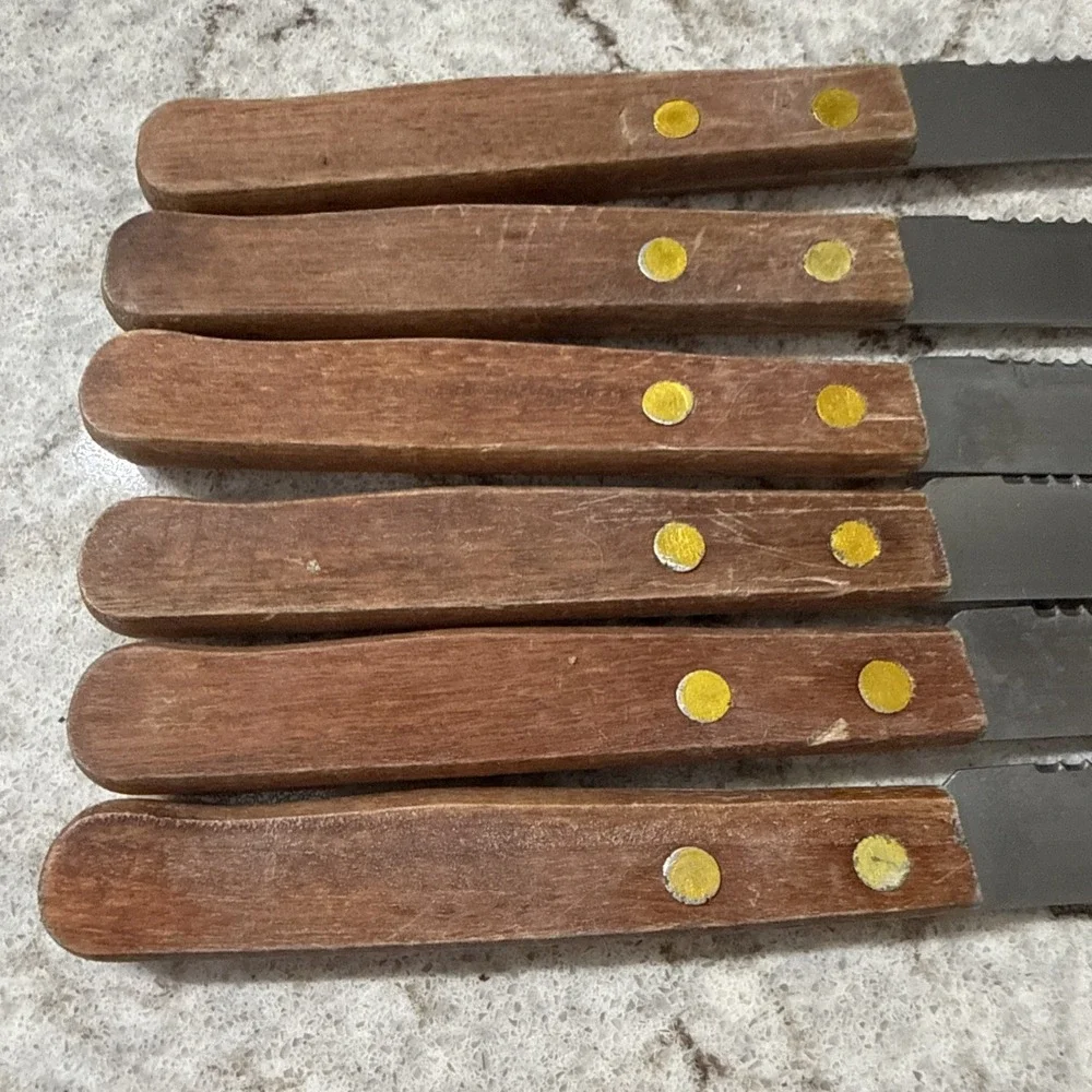 6 Vintage Brand Ware Stainless Steel Steak Knives Wooden Handles Dainty Set